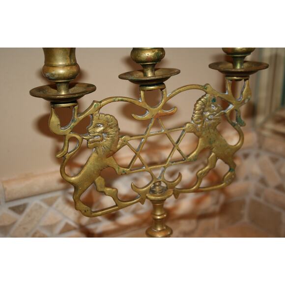 Antique Judea Lions Three-Armed Shabbat Candelabra - Picture 7 of 9